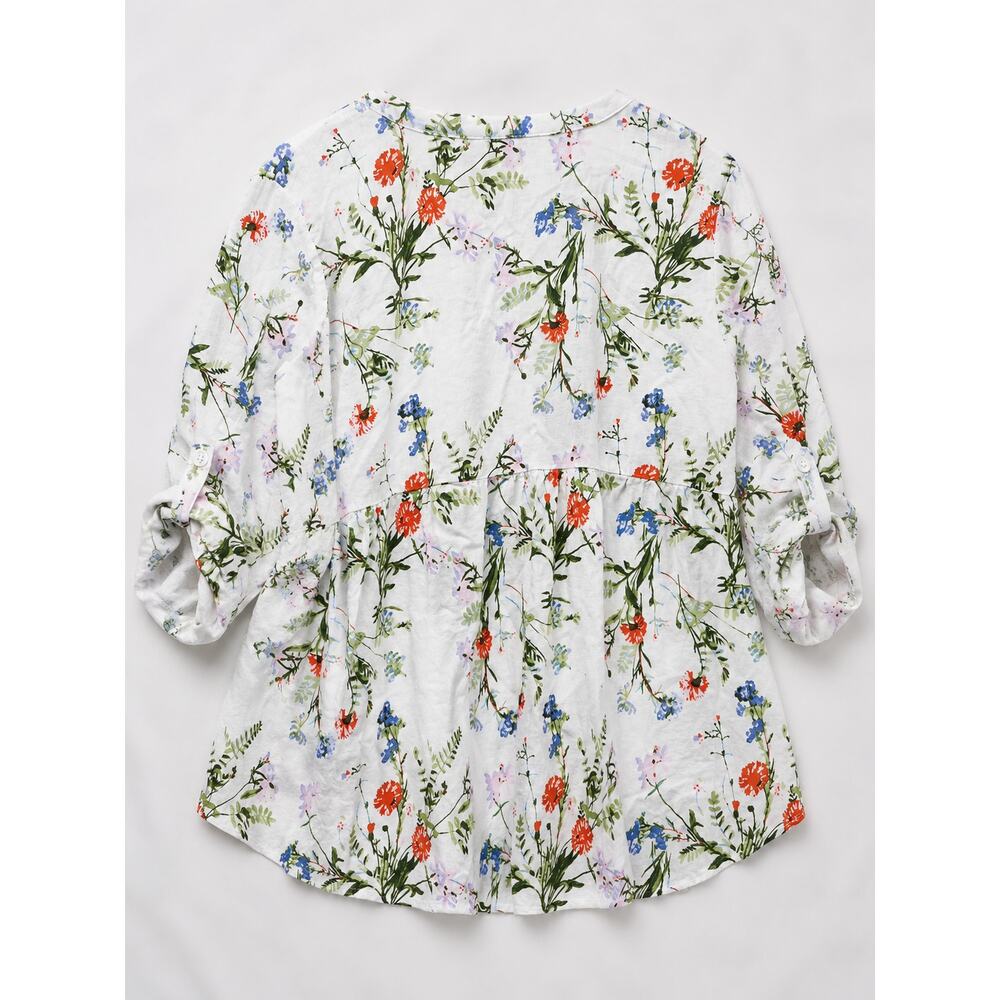 JNY Jones New York 2X Linen Blend Floral Peplum Blouse Roll Tab Sleeves White - Picture 7 of 7
